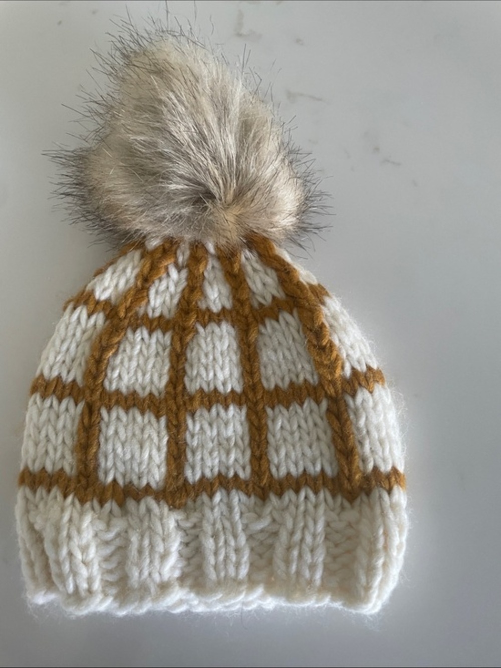 The Blueberry Hill  Knit Pom Beanie - White & Mustard Sz xsmall 3-12 months